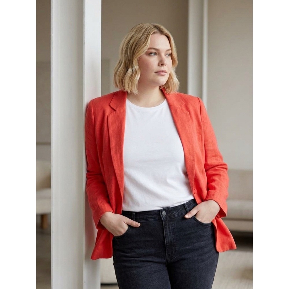 Joie Women's Orange Linen Lined Open Front Blazer Jacket Pockets Size 10